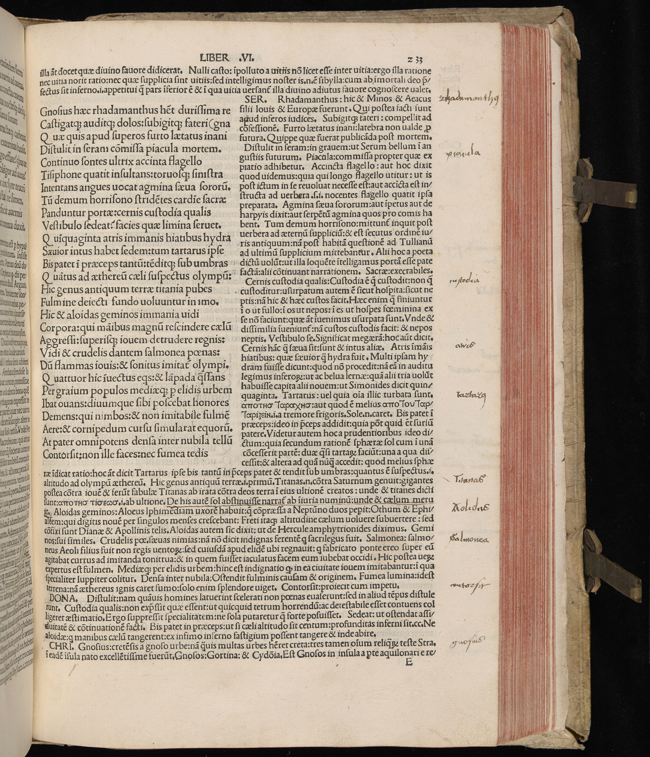 Vergilius cum c?mentariis quinque videlicet: Seruii, Landini, Ant. Mancinelli, Donati, Domitii. (M. Vegius' Book XIII addition to the Aen. Also Priapeia and Catalecta.) / Colophon: Impressu Venetiis per Bartolome? de Zanis de Portesio. . . . M.cccc.xciii. Stamped vellum with clasps. Very rare. Fol. - Image 485