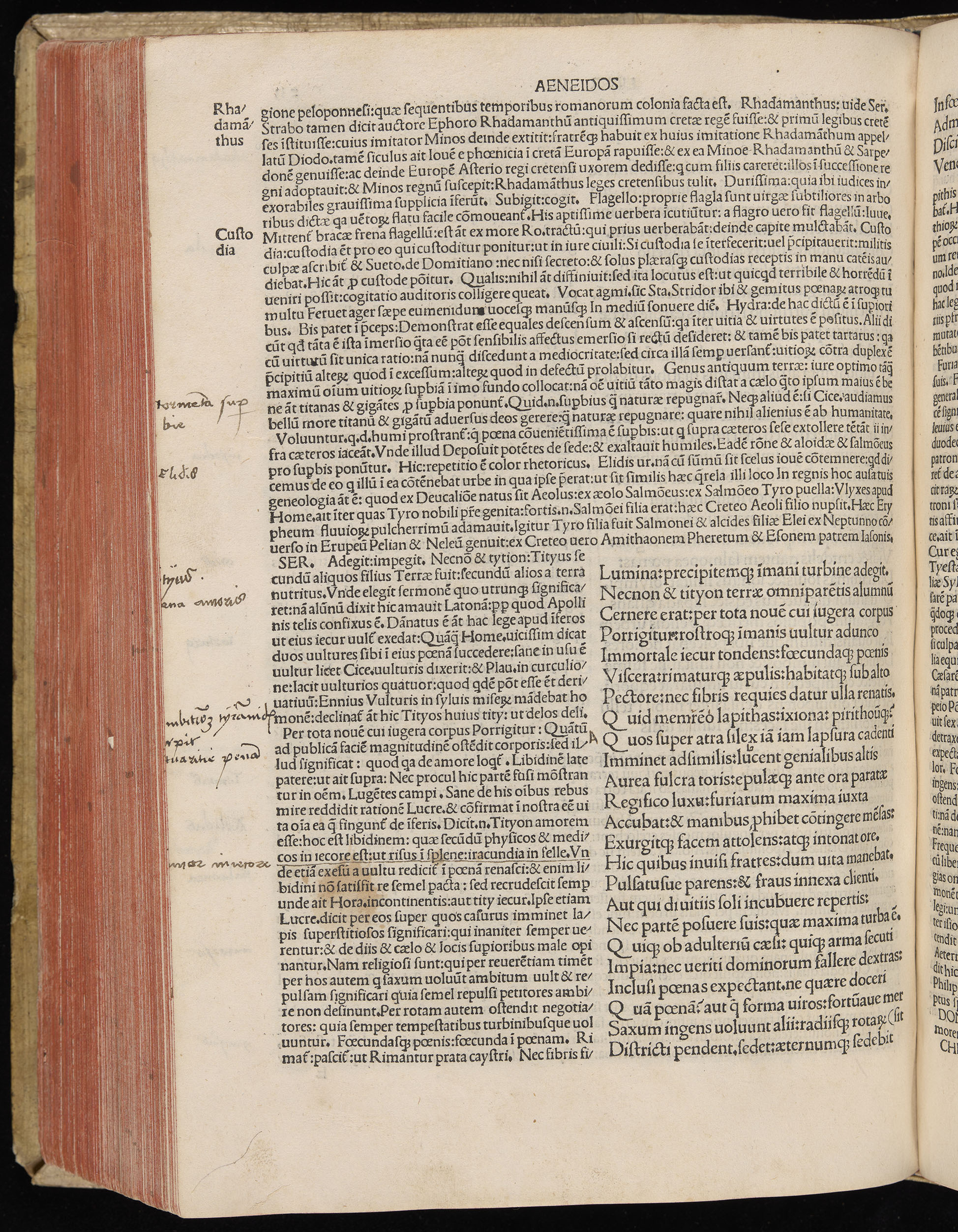 Vergilius cum c?mentariis quinque videlicet: Seruii, Landini, Ant. Mancinelli, Donati, Domitii. (M. Vegius' Book XIII addition to the Aen. Also Priapeia and Catalecta.) / Colophon: Impressu Venetiis per Bartolome? de Zanis de Portesio. . . . M.cccc.xciii. Stamped vellum with clasps. Very rare. Fol. - Image 486