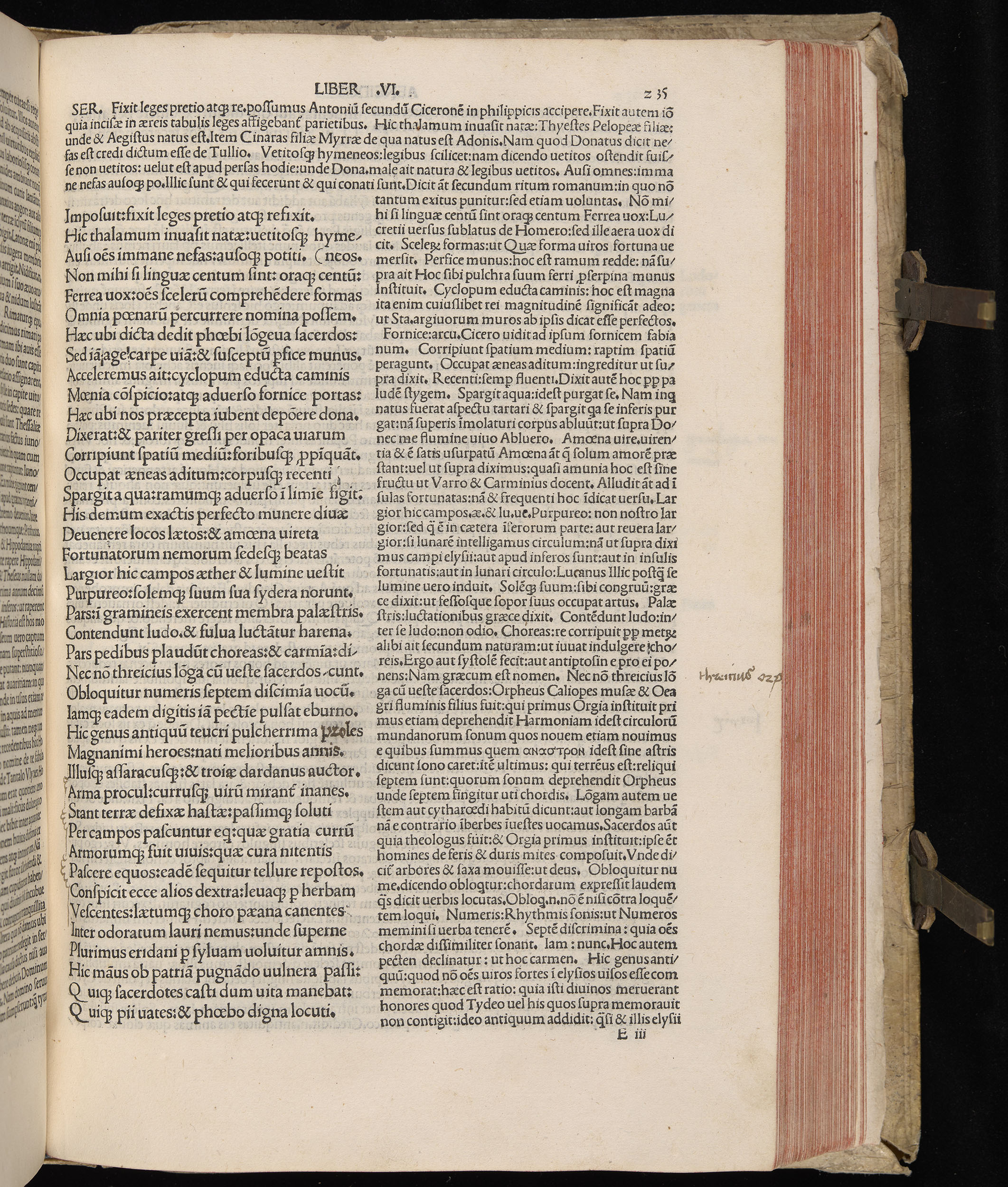 Vergilius cum c?mentariis quinque videlicet: Seruii, Landini, Ant. Mancinelli, Donati, Domitii. (M. Vegius' Book XIII addition to the Aen. Also Priapeia and Catalecta.) / Colophon: Impressu Venetiis per Bartolome? de Zanis de Portesio. . . . M.cccc.xciii. Stamped vellum with clasps. Very rare. Fol. - Image 489