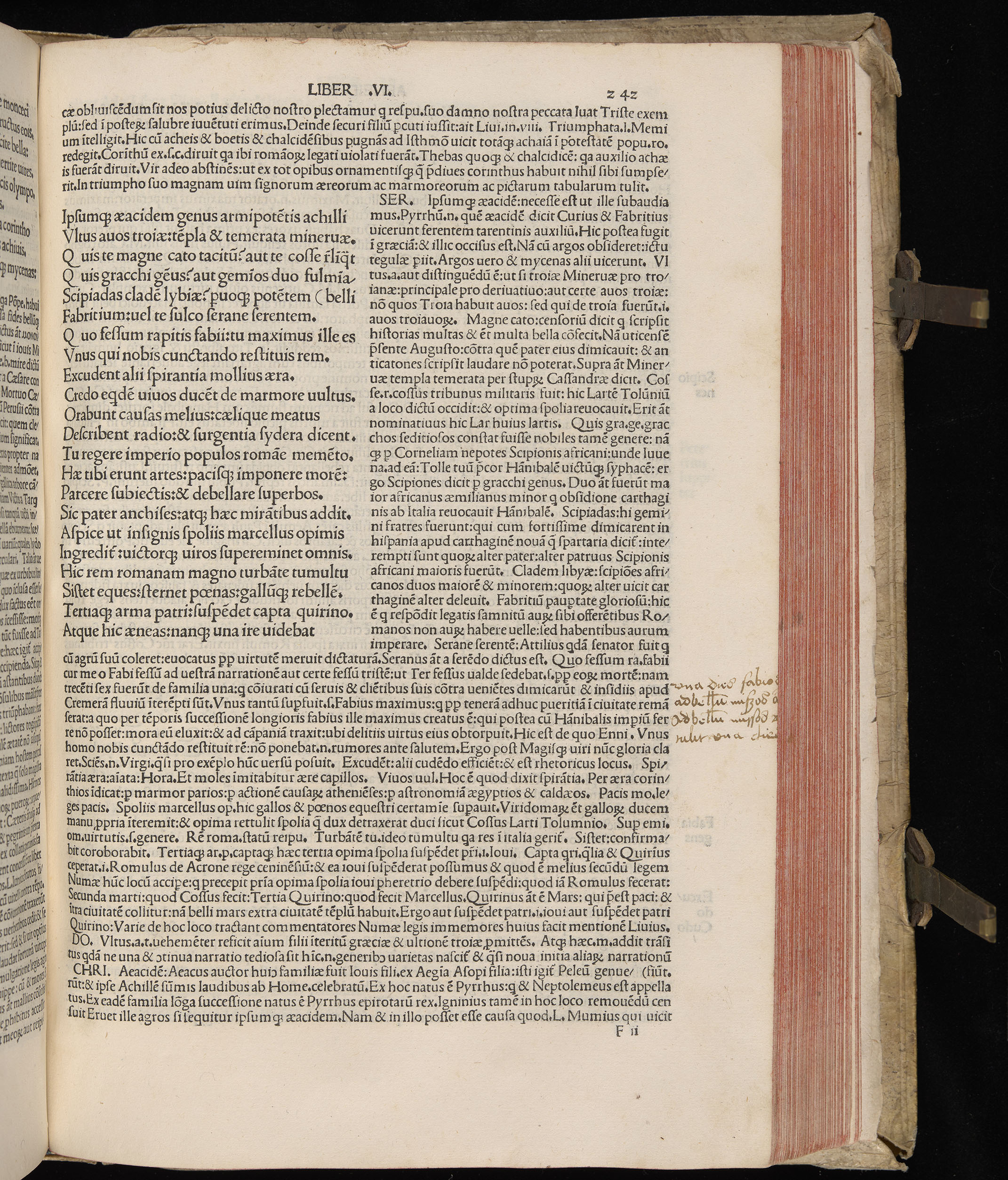 Vergilius cum c?mentariis quinque videlicet: Seruii, Landini, Ant. Mancinelli, Donati, Domitii. (M. Vegius' Book XIII addition to the Aen. Also Priapeia and Catalecta.) / Colophon: Impressu Venetiis per Bartolome? de Zanis de Portesio. . . . M.cccc.xciii. Stamped vellum with clasps. Very rare. Fol. - Image 503