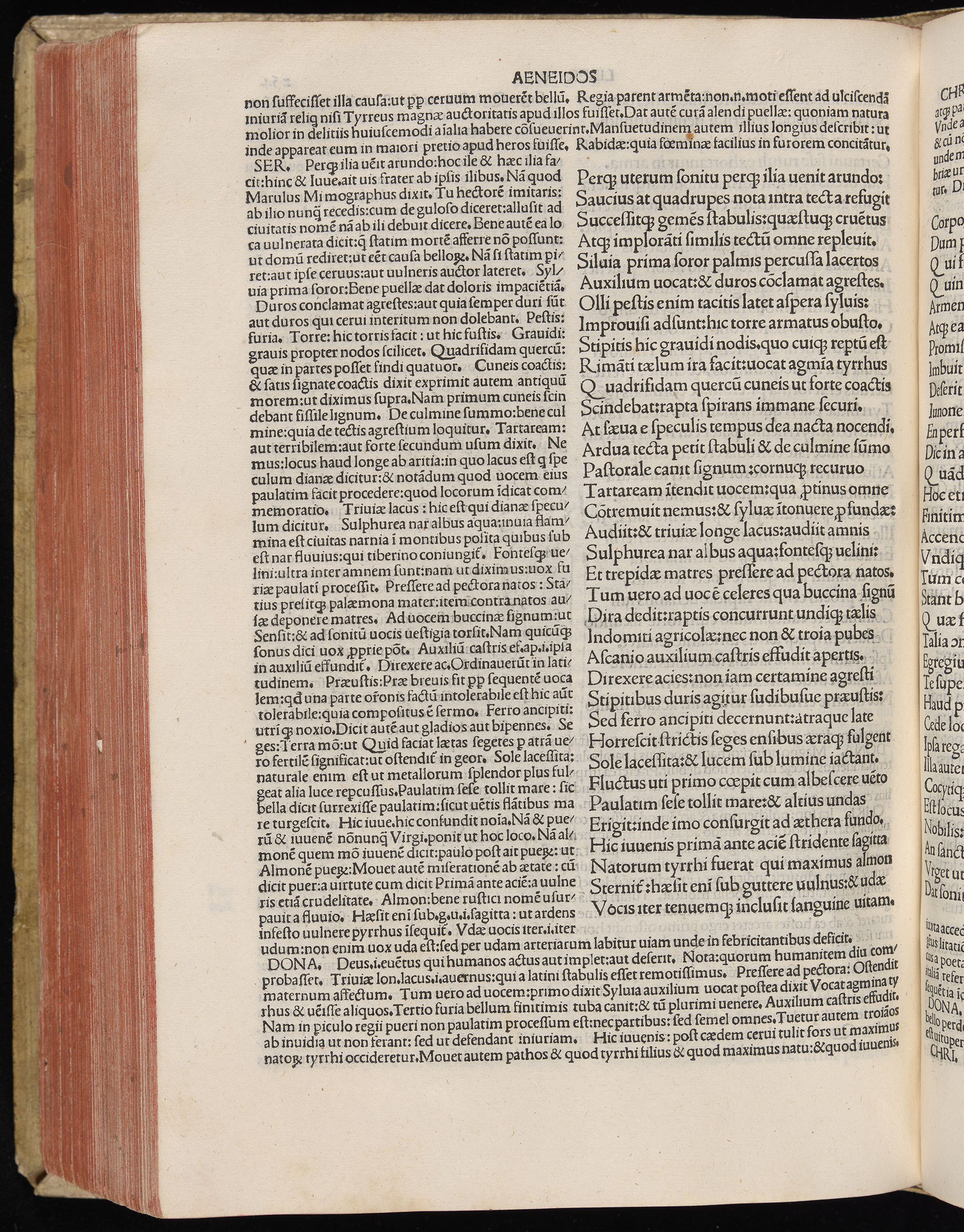 Vergilius cum c?mentariis quinque videlicet: Seruii, Landini, Ant. Mancinelli, Donati, Domitii. (M. Vegius' Book XIII addition to the Aen. Also Priapeia and Catalecta.) / Colophon: Impressu Venetiis per Bartolome? de Zanis de Portesio. . . . M.cccc.xciii. Stamped vellum with clasps. Very rare. Fol. - Image 528