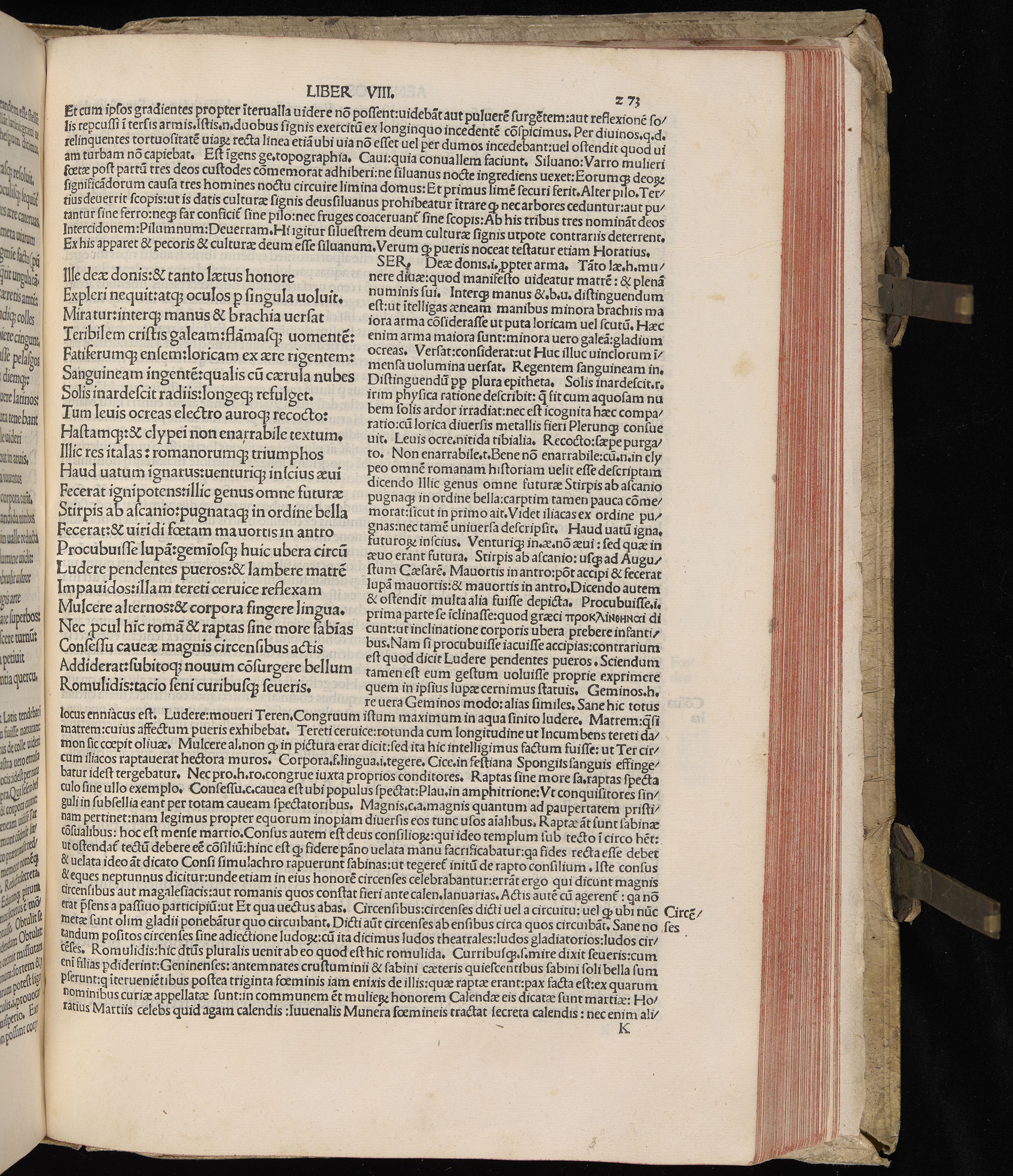 Vergilius cum c?mentariis quinque videlicet: Seruii, Landini, Ant. Mancinelli, Donati, Domitii. (M. Vegius' Book XIII addition to the Aen. Also Priapeia and Catalecta.) / Colophon: Impressu Venetiis per Bartolome? de Zanis de Portesio. . . . M.cccc.xciii. Stamped vellum with clasps. Very rare. Fol. - Image 565