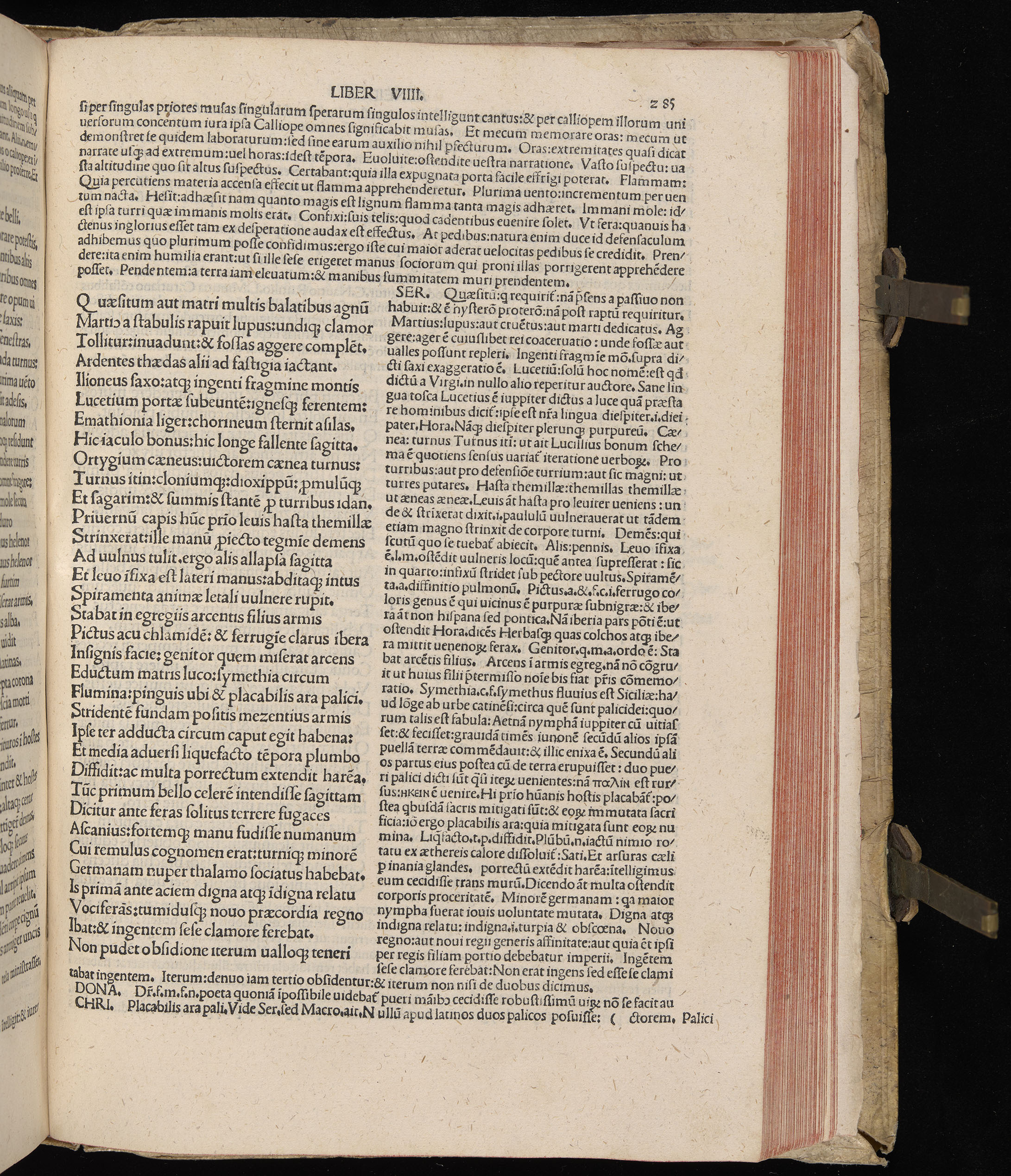 Vergilius cum c?mentariis quinque videlicet: Seruii, Landini, Ant. Mancinelli, Donati, Domitii. (M. Vegius' Book XIII addition to the Aen. Also Priapeia and Catalecta.) / Colophon: Impressu Venetiis per Bartolome? de Zanis de Portesio. . . . M.cccc.xciii. Stamped vellum with clasps. Very rare. Fol. - Image 589