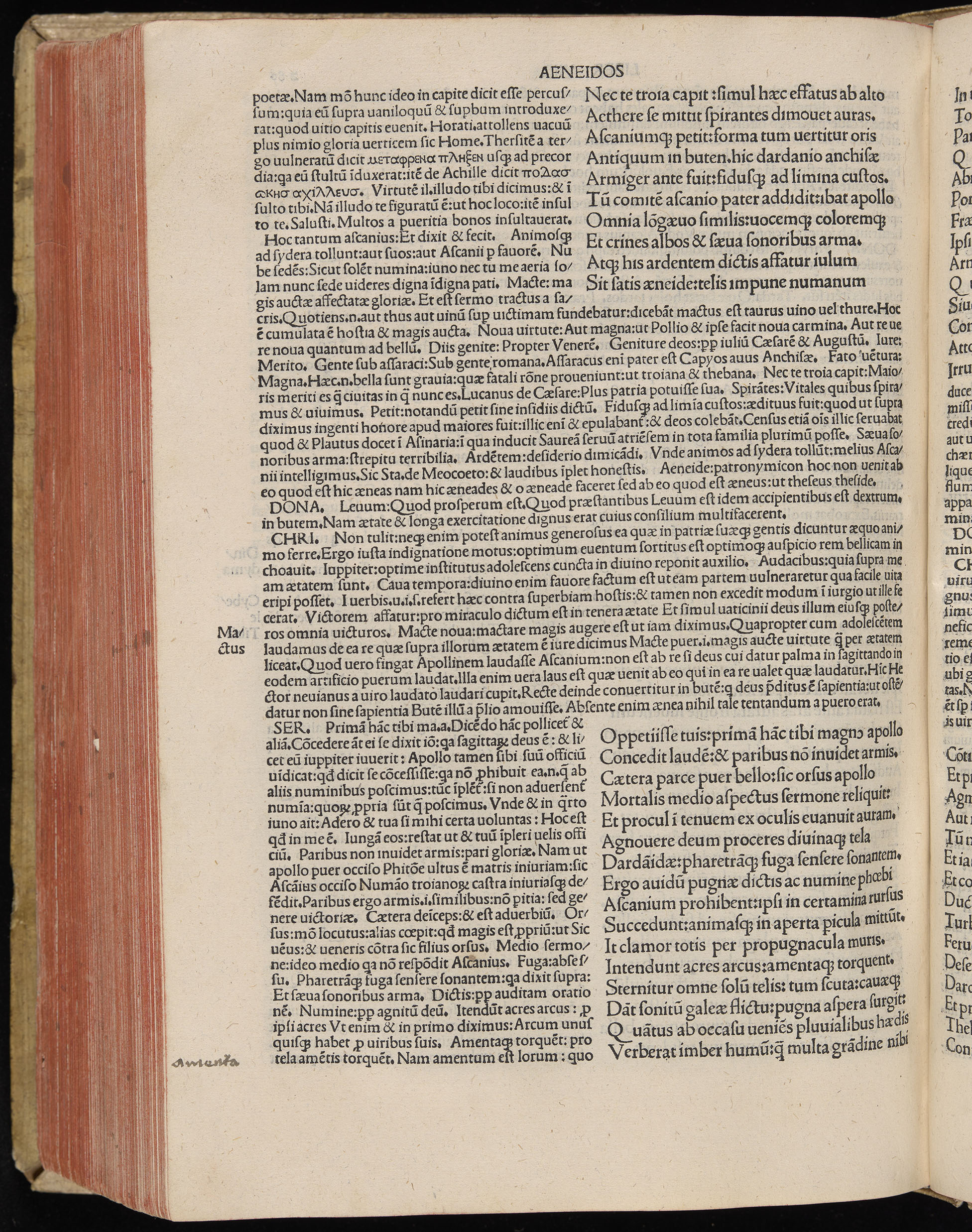 Vergilius cum c?mentariis quinque videlicet: Seruii, Landini, Ant. Mancinelli, Donati, Domitii. (M. Vegius' Book XIII addition to the Aen. Also Priapeia and Catalecta.) / Colophon: Impressu Venetiis per Bartolome? de Zanis de Portesio. . . . M.cccc.xciii. Stamped vellum with clasps. Very rare. Fol. - Image 592
