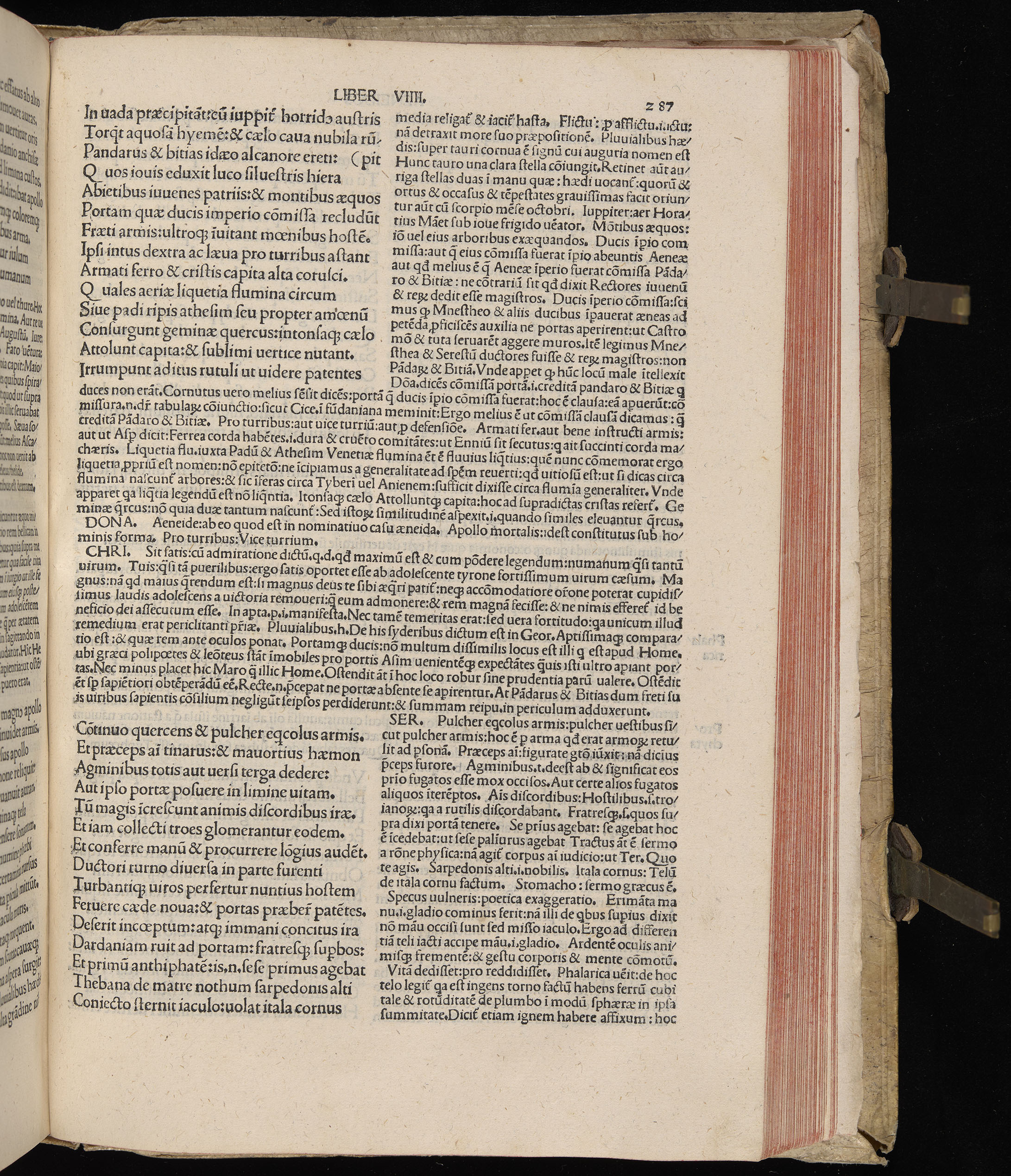Vergilius cum c?mentariis quinque videlicet: Seruii, Landini, Ant. Mancinelli, Donati, Domitii. (M. Vegius' Book XIII addition to the Aen. Also Priapeia and Catalecta.) / Colophon: Impressu Venetiis per Bartolome? de Zanis de Portesio. . . . M.cccc.xciii. Stamped vellum with clasps. Very rare. Fol. - Image 593