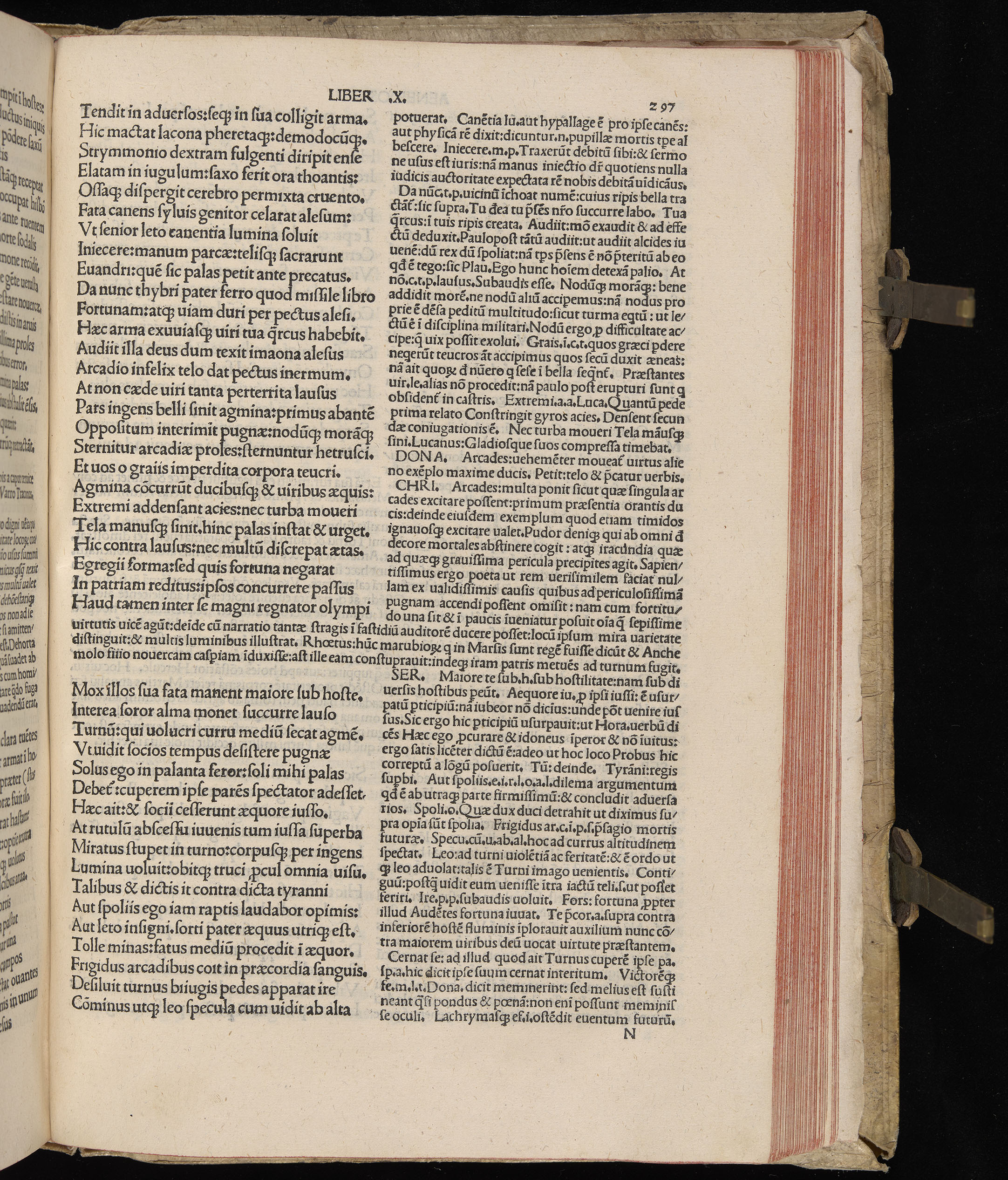 Vergilius cum c?mentariis quinque videlicet: Seruii, Landini, Ant. Mancinelli, Donati, Domitii. (M. Vegius' Book XIII addition to the Aen. Also Priapeia and Catalecta.) / Colophon: Impressu Venetiis per Bartolome? de Zanis de Portesio. . . . M.cccc.xciii. Stamped vellum with clasps. Very rare. Fol. - Image 613
