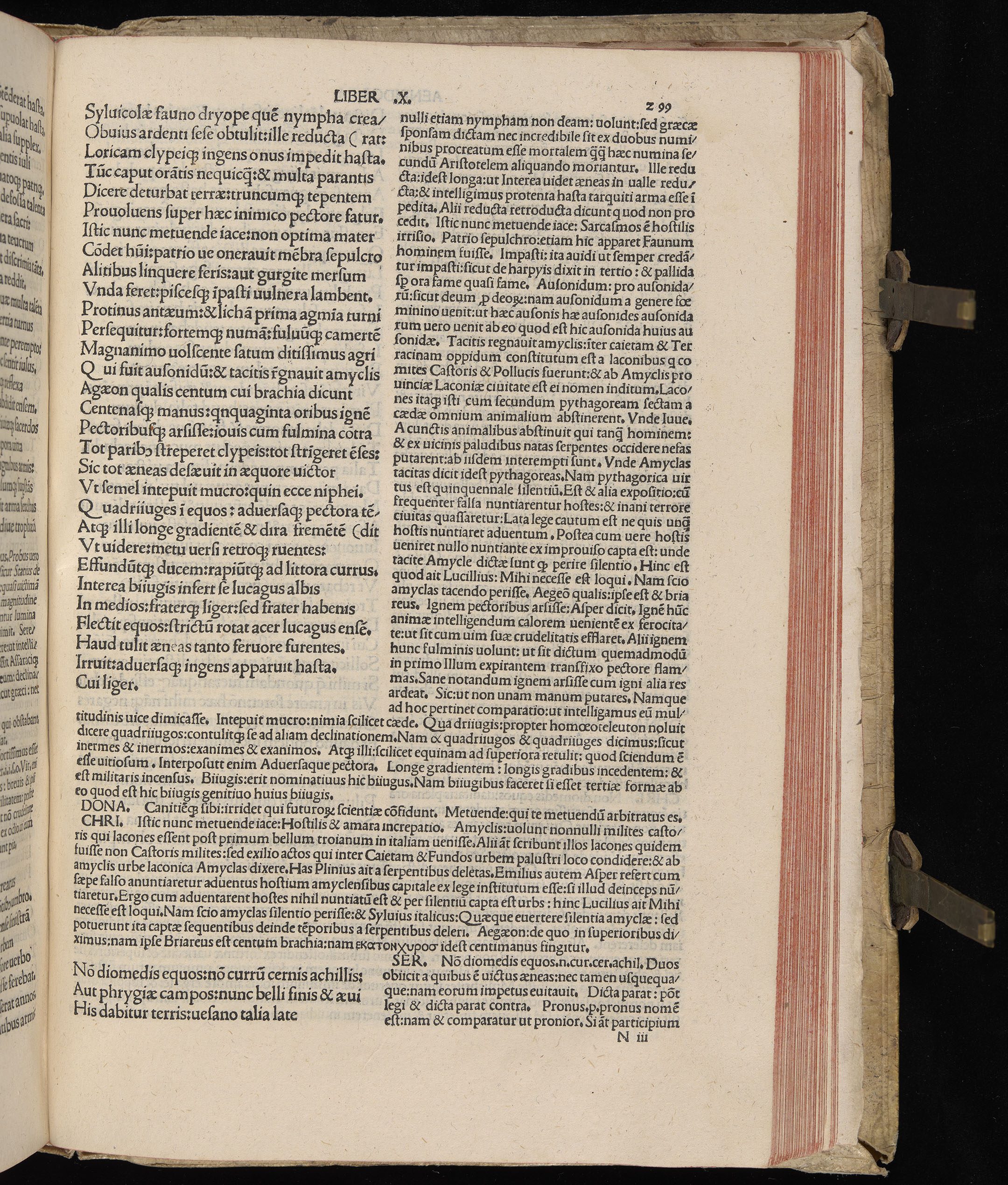 Vergilius cum c?mentariis quinque videlicet: Seruii, Landini, Ant. Mancinelli, Donati, Domitii. (M. Vegius' Book XIII addition to the Aen. Also Priapeia and Catalecta.) / Colophon: Impressu Venetiis per Bartolome? de Zanis de Portesio. . . . M.cccc.xciii. Stamped vellum with clasps. Very rare. Fol. - Image 617