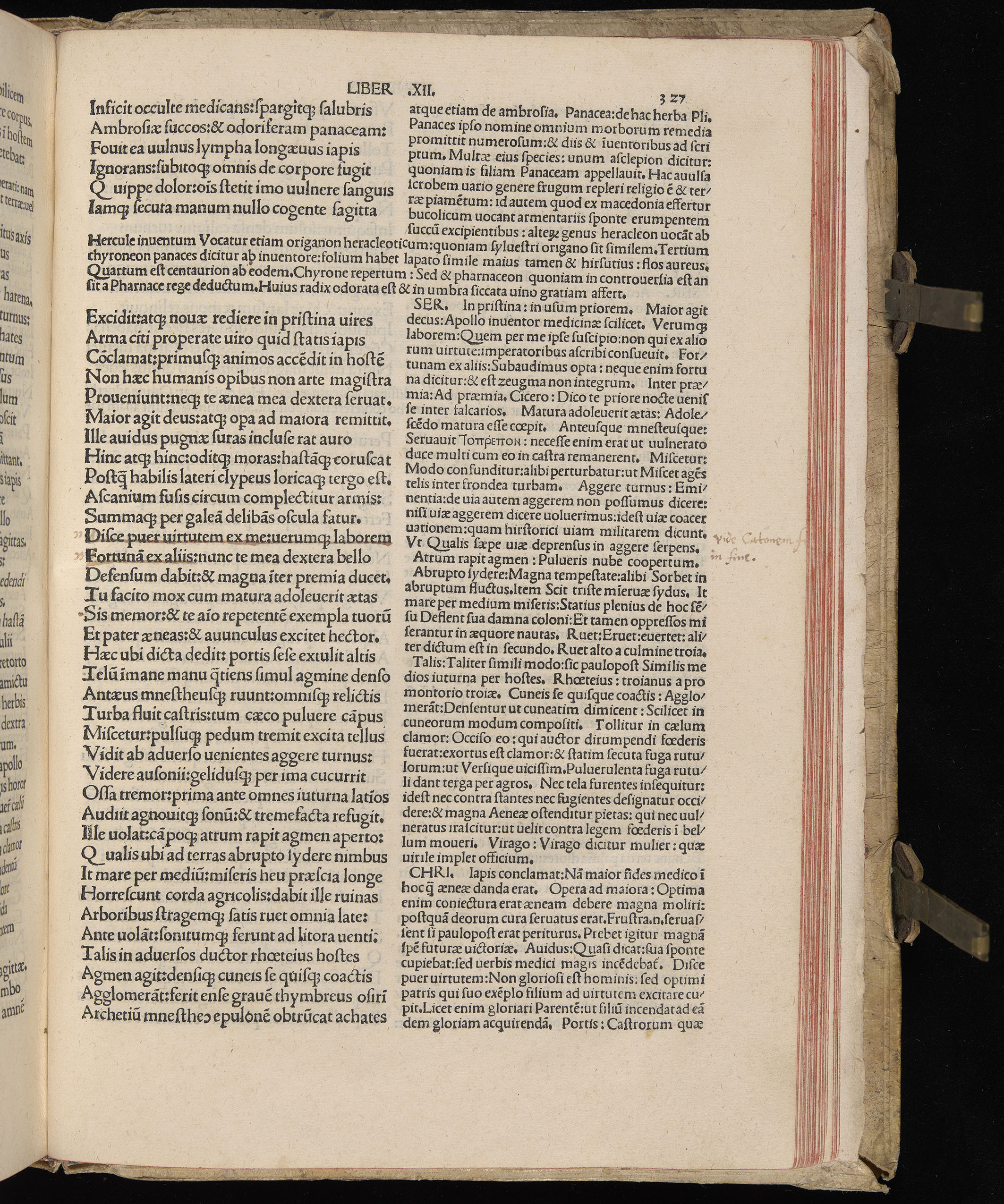 Vergilius cum c?mentariis quinque videlicet: Seruii, Landini, Ant. Mancinelli, Donati, Domitii. (M. Vegius' Book XIII addition to the Aen. Also Priapeia and Catalecta.) / Colophon: Impressu Venetiis per Bartolome? de Zanis de Portesio. . . . M.cccc.xciii. Stamped vellum with clasps. Very rare. Fol. - Image 673