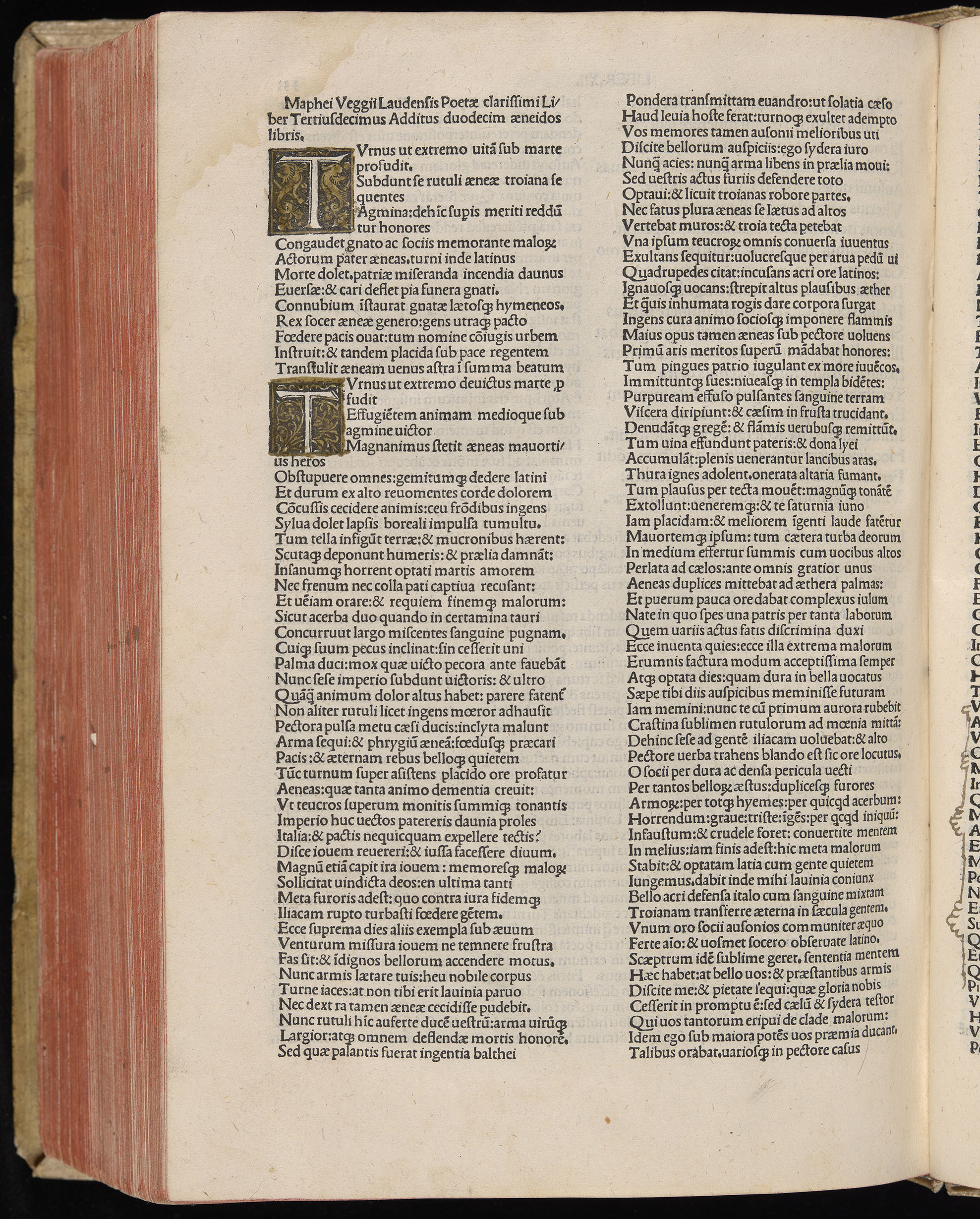 Vergilius cum c?mentariis quinque videlicet: Seruii, Landini, Ant. Mancinelli, Donati, Domitii. (M. Vegius' Book XIII addition to the Aen. Also Priapeia and Catalecta.) / Colophon: Impressu Venetiis per Bartolome? de Zanis de Portesio. . . . M.cccc.xciii. Stamped vellum with clasps. Very rare. Fol. - Image 686