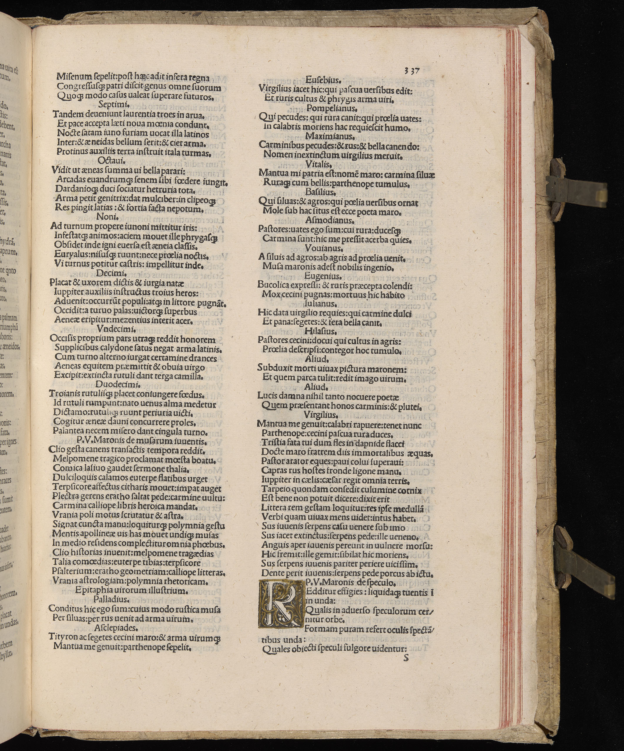 Vergilius cum c?mentariis quinque videlicet: Seruii, Landini, Ant. Mancinelli, Donati, Domitii. (M. Vegius' Book XIII addition to the Aen. Also Priapeia and Catalecta.) / Colophon: Impressu Venetiis per Bartolome? de Zanis de Portesio. . . . M.cccc.xciii. Stamped vellum with clasps. Very rare. Fol. - Image 693