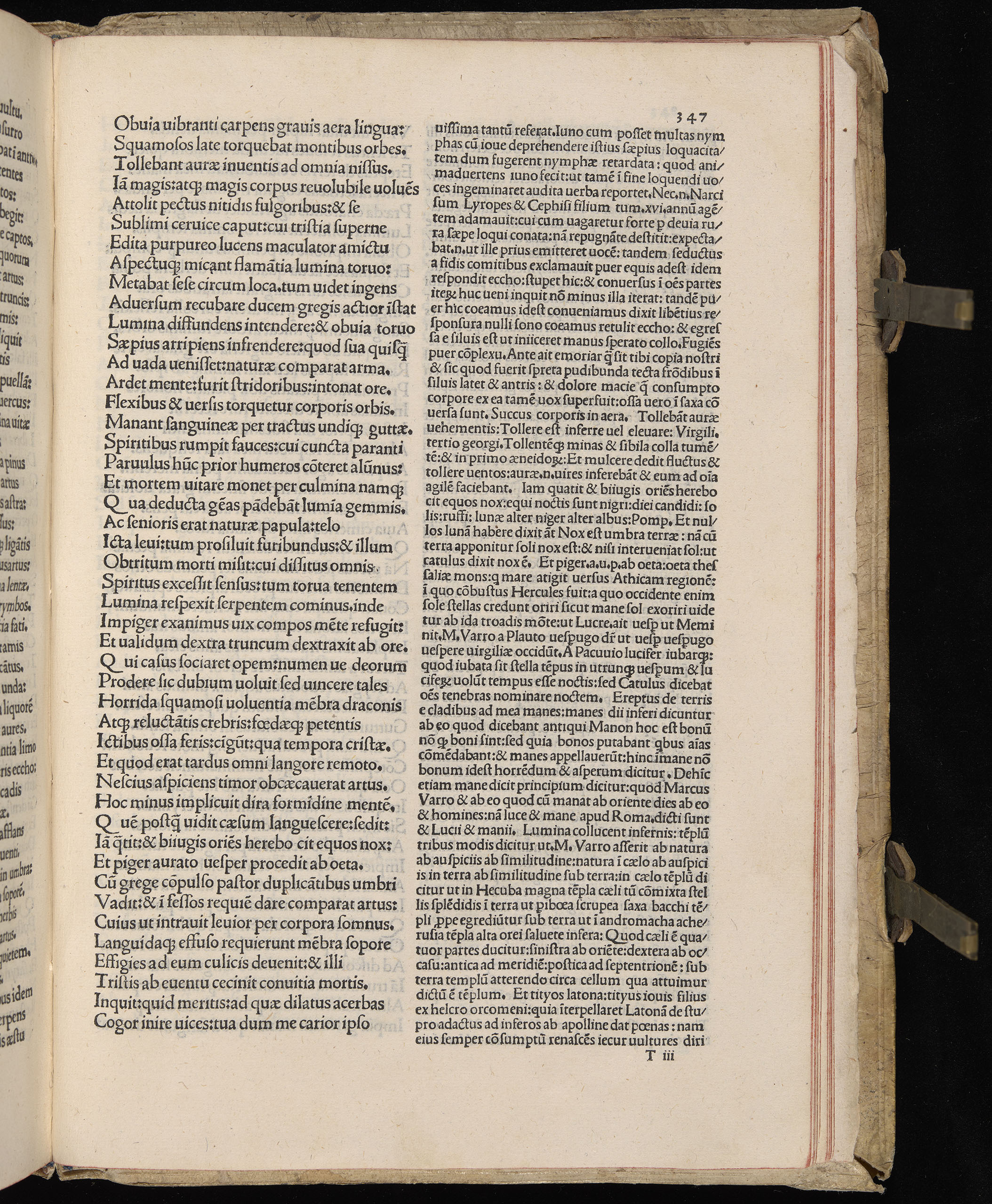 Vergilius cum c?mentariis quinque videlicet: Seruii, Landini, Ant. Mancinelli, Donati, Domitii. (M. Vegius' Book XIII addition to the Aen. Also Priapeia and Catalecta.) / Colophon: Impressu Venetiis per Bartolome? de Zanis de Portesio. . . . M.cccc.xciii. Stamped vellum with clasps. Very rare. Fol. - Image 713