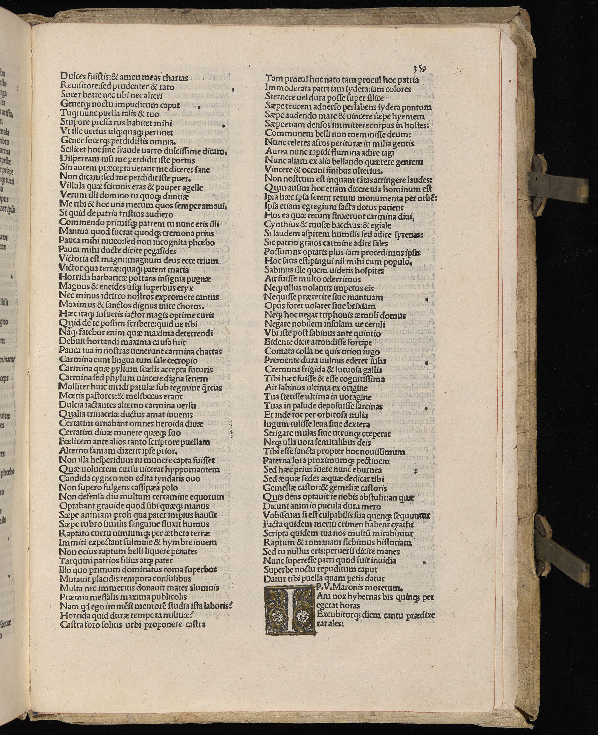 Vergilius cum c?mentariis quinque videlicet: Seruii, Landini, Ant. Mancinelli, Donati, Domitii. (M. Vegius' Book XIII addition to the Aen. Also Priapeia and Catalecta.) / Colophon: Impressu Venetiis per Bartolome? de Zanis de Portesio. . . . M.cccc.xciii. Stamped vellum with clasps. Very rare. Fol. - Image 737
