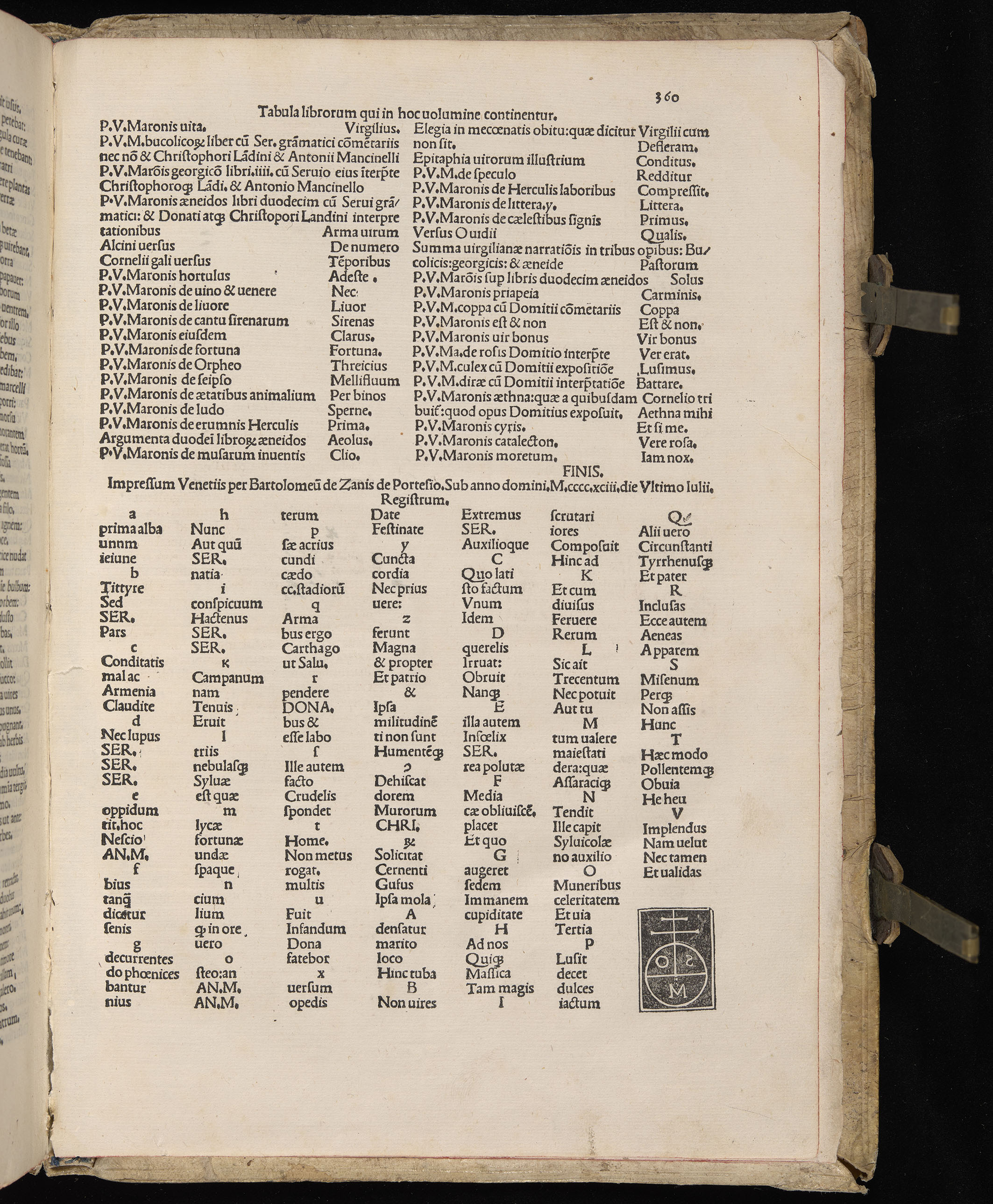 Vergilius cum c?mentariis quinque videlicet: Seruii, Landini, Ant. Mancinelli, Donati, Domitii. (M. Vegius' Book XIII addition to the Aen. Also Priapeia and Catalecta.) / Colophon: Impressu Venetiis per Bartolome? de Zanis de Portesio. . . . M.cccc.xciii. Stamped vellum with clasps. Very rare. Fol. - Image 739