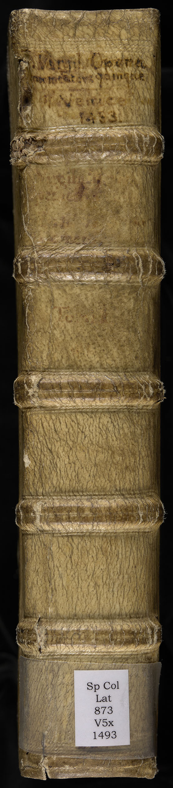 Vergilius cum c?mentariis quinque videlicet: Seruii, Landini, Ant. Mancinelli, Donati, Domitii. (M. Vegius' Book XIII addition to the Aen. Also Priapeia and Catalecta.) / Colophon: Impressu Venetiis per Bartolome? de Zanis de Portesio. . . . M.cccc.xciii. Stamped vellum with clasps. Very rare. Fol. - Image 747